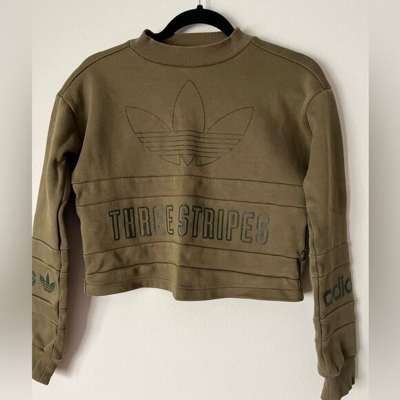 Adidas olive colored long sleeved cropped sweater, logo throughout, unique, S - Picture 1 of 8